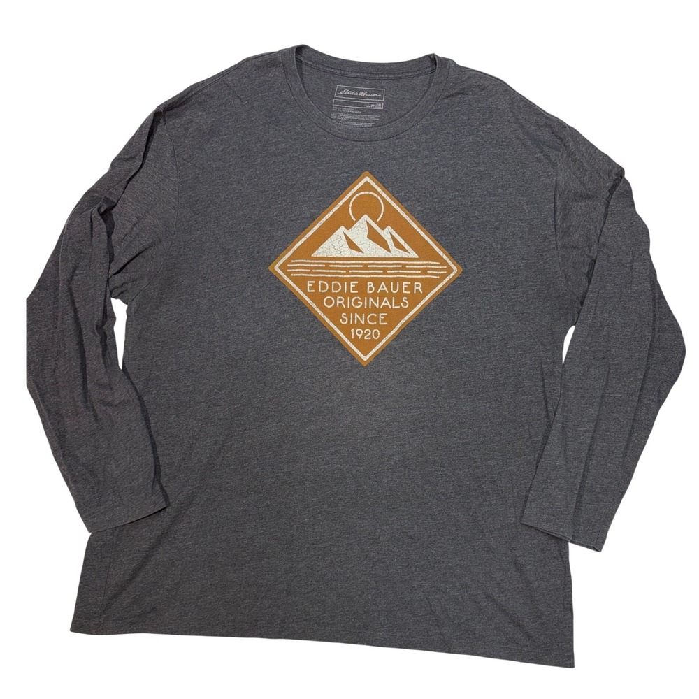 Eddie Bauer Originals Mens 2XL Gray Long Sleeve Graphic T-Shirt Mountain Logo